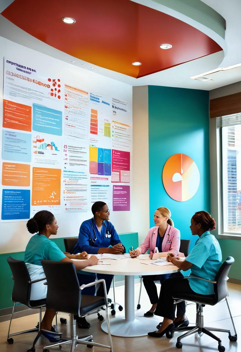 A warm and inviting scene showcasing a diverse group of healthcare professionals collaborating in a modern cancer care facility. They are engaged in discussion around a table, featuring elements of support such as charts and inspirational quotes on the walls. The atmosphere is vibrant and hopeful, symbolizing a strong sense of community and teamwork in cancer care. super-realistic. vibrant colors. modern interior.