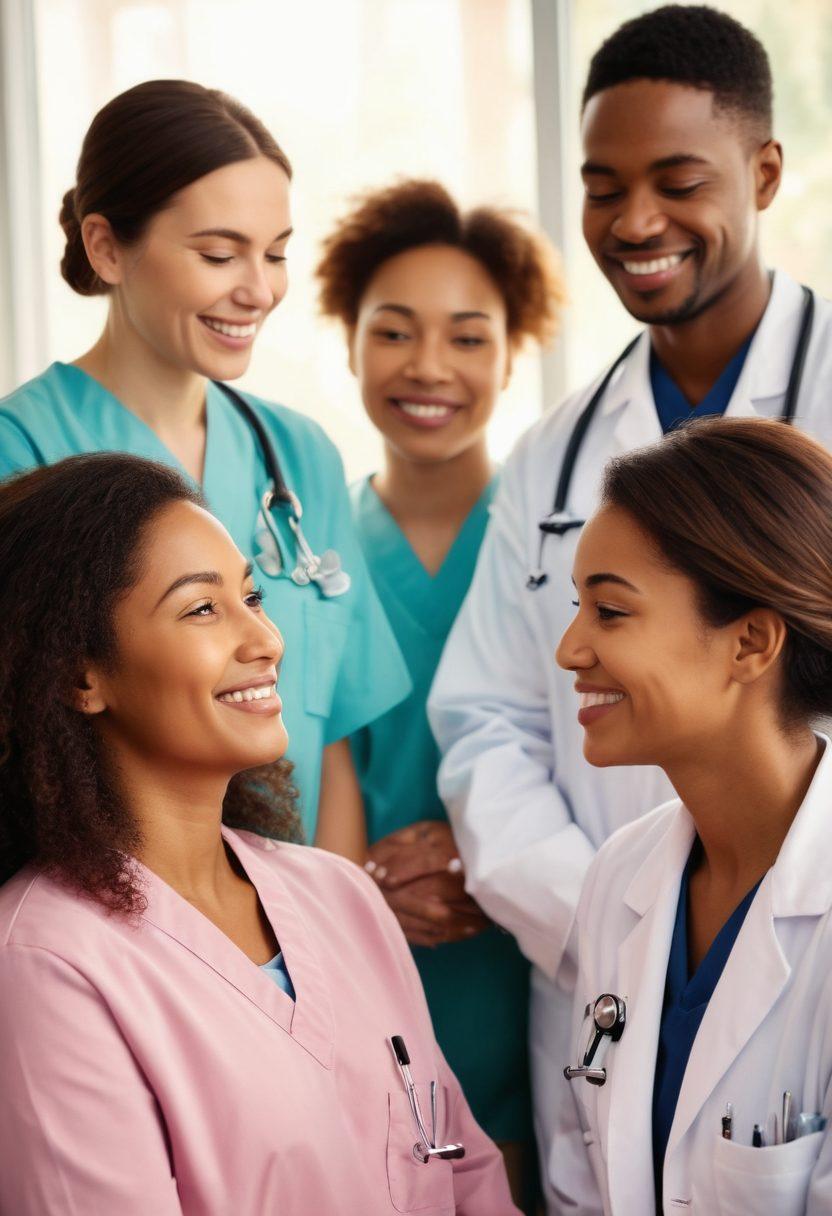 A serene scene depicting a diverse group of healthcare professionals and patients in a warm, supportive environment. The healthcare workers are engaging compassionately with patients, showcasing empathy and understanding. A subtle backdrop of a hospital setting infused with calming colors, symbolizing hope and resilience. Include elements like soft lighting, supportive gestures, and smiles to convey emotional strength. illustration. soft pastels. warm tones.