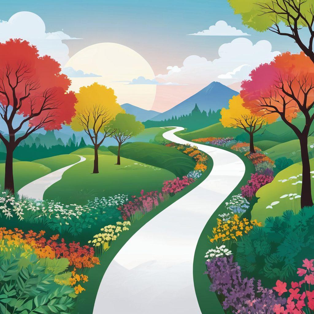 A vibrant illustration showcasing a winding path through a lush landscape, symbolizing diverse career opportunities in oncology. Alongside the path, individuals of various backgrounds discussing and collaborating, with symbolic representations of support, like hands and lightbulbs. The scene conveys empowerment and hope, with a bright sky reflecting a promising future. vector art. vibrant colors. white background.